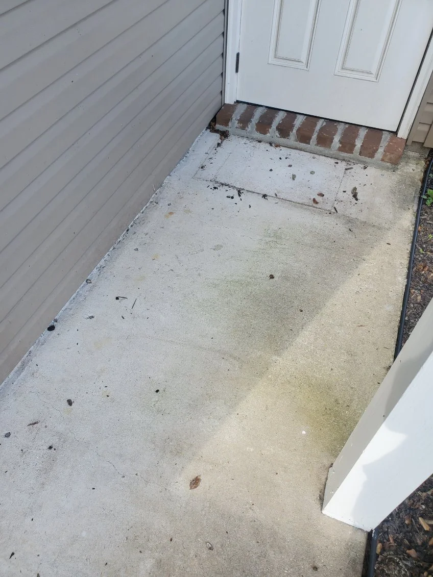 Leaves and buildup on concrete by a front door before washing