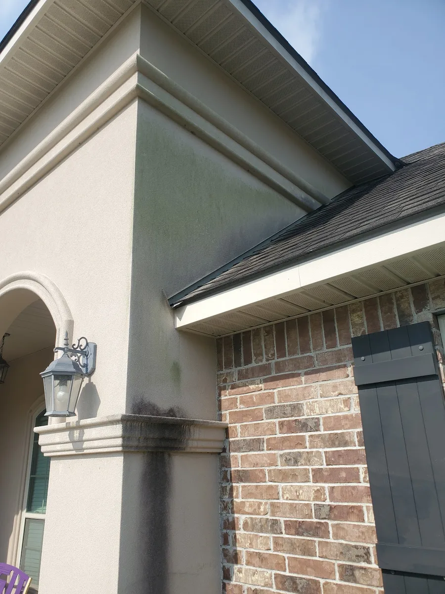 Mildew-streaked stucco entryway before house washing